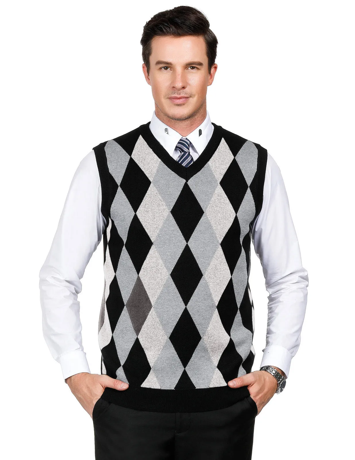 Men Stylish Sleeveless V-Neck Contrast Color Pullover Knitting Vest Knitwear