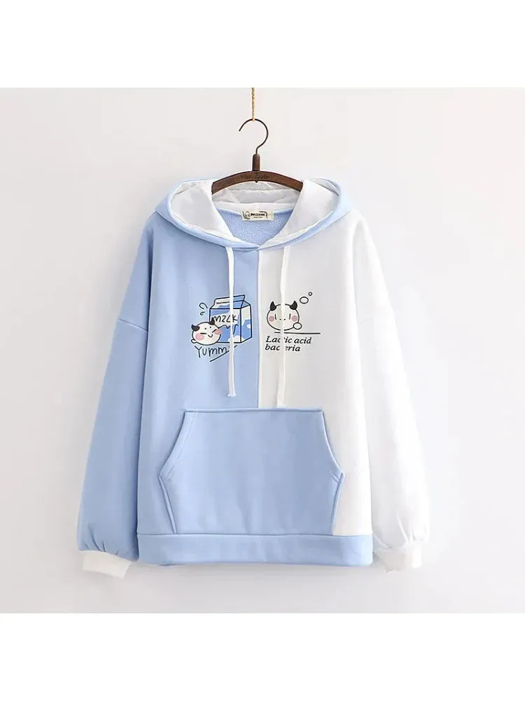 Metaversmall fleece plus velvet women hoodies and sweatshirt cartoon cat print patchwork cute hooded pullover for sweet style  Tracksuits