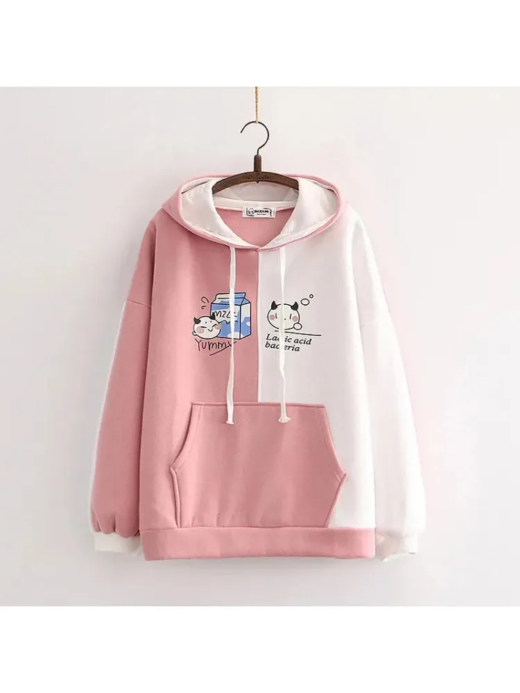 Metaversmall fleece plus velvet women hoodies and sweatshirt cartoon cat print patchwork cute hooded pullover for sweet style  Tracksuits