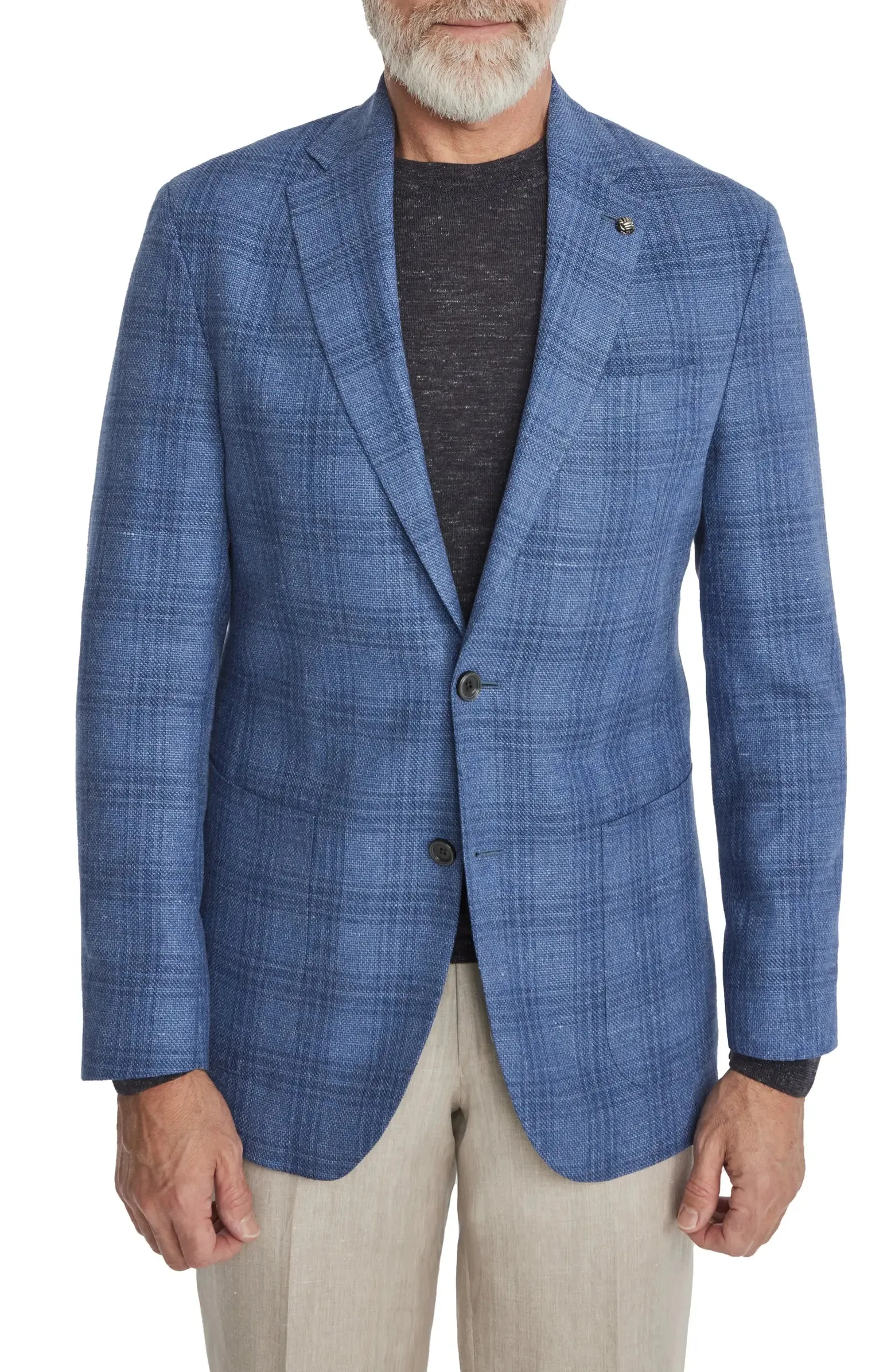 Mid-Blue Check Wool-Linen Hampton Contemporary Fit Sport Jacket - Jack Victor