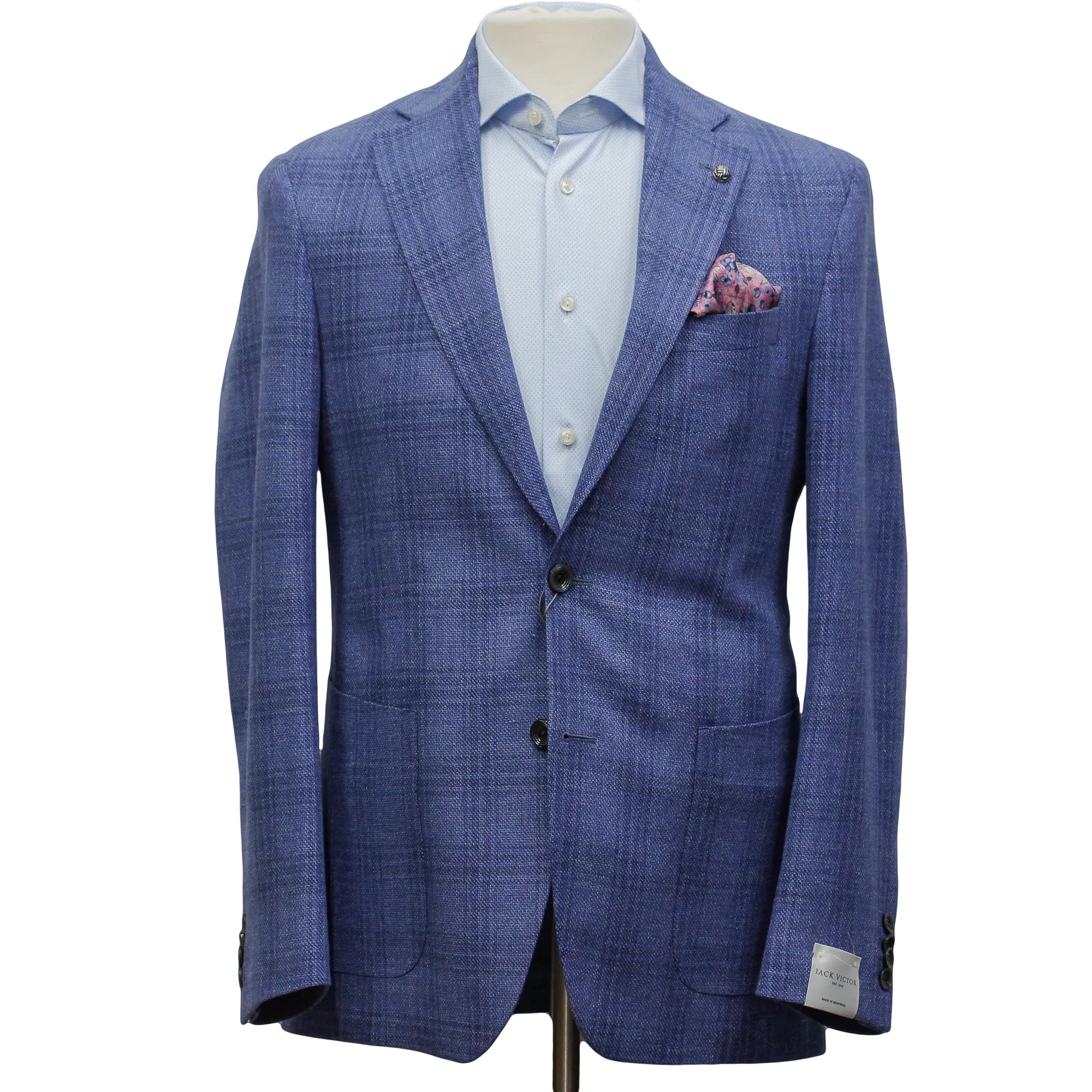 Mid-Blue Check Wool-Linen Hampton Contemporary Fit Sport Jacket - Jack Victor