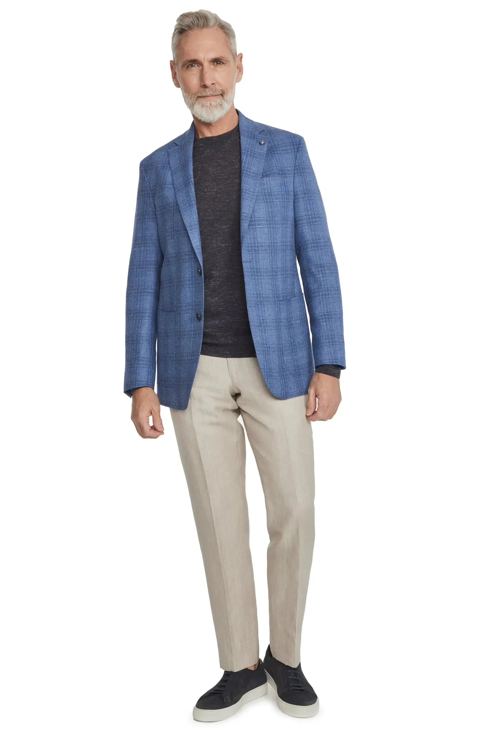 Mid-Blue Check Wool-Linen Hampton Contemporary Fit Sport Jacket - Jack Victor