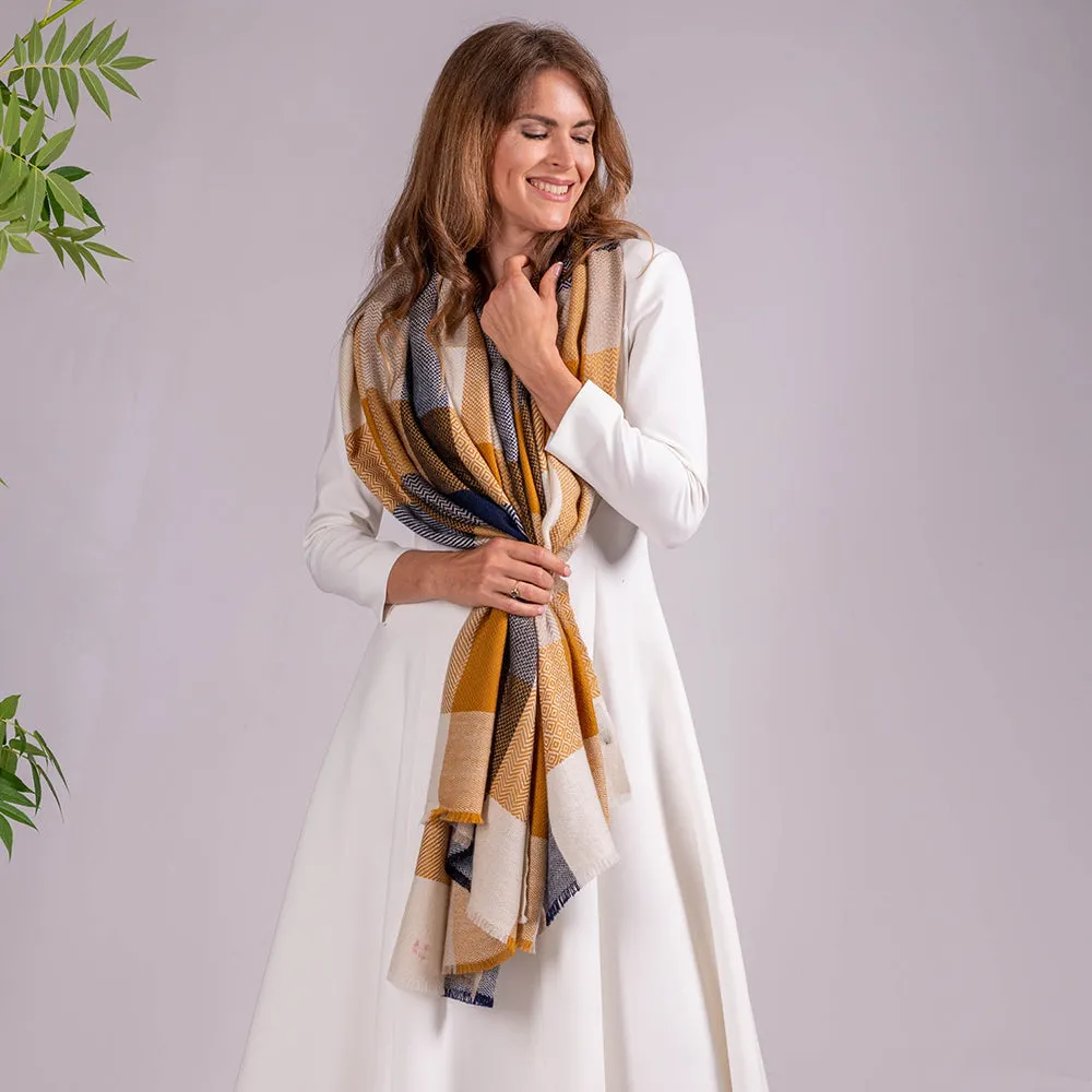 Navy and Ochre Check Pashmina Cashmere Shawl