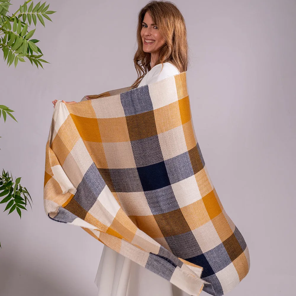 Navy and Ochre Check Pashmina Cashmere Shawl