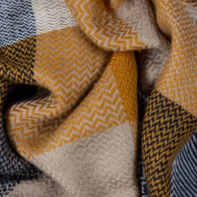 Navy and Ochre Check Pashmina Cashmere Shawl