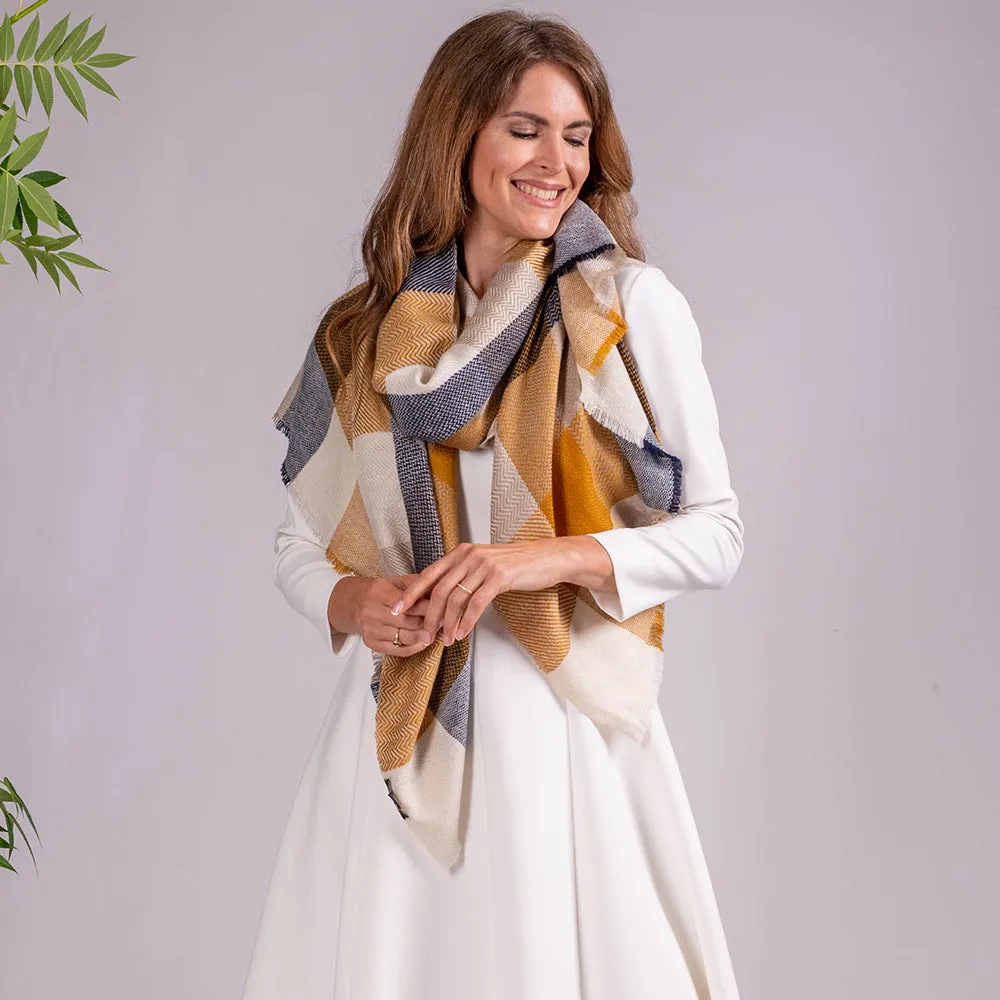 Navy and Ochre Check Pashmina Cashmere Shawl