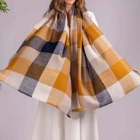 Navy and Ochre Check Pashmina Cashmere Shawl