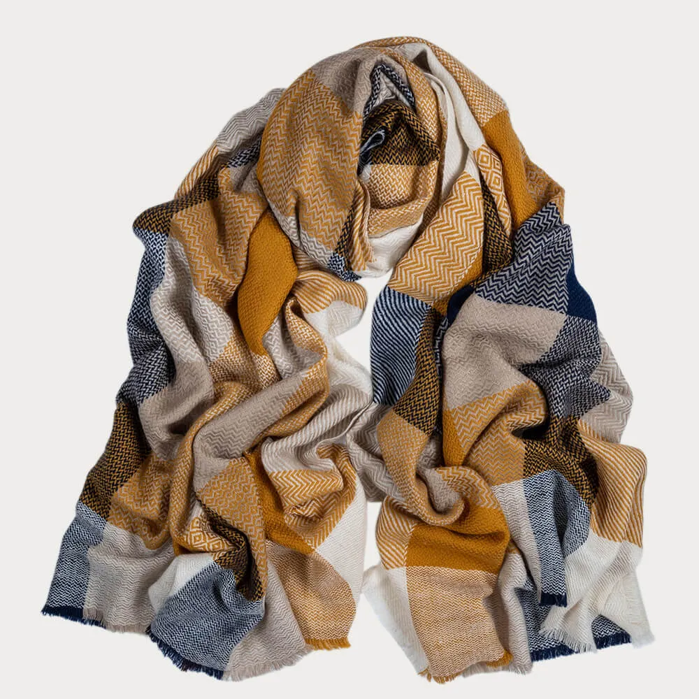 Navy and Ochre Check Pashmina Cashmere Shawl