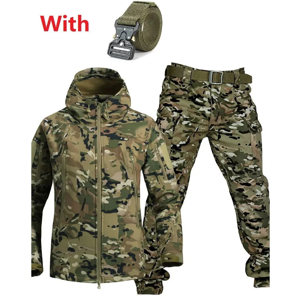 Outdoor Shark Skin Warmth Set Camo Plush Thickened Coat Autumn/Winter Racing Two Piece Set