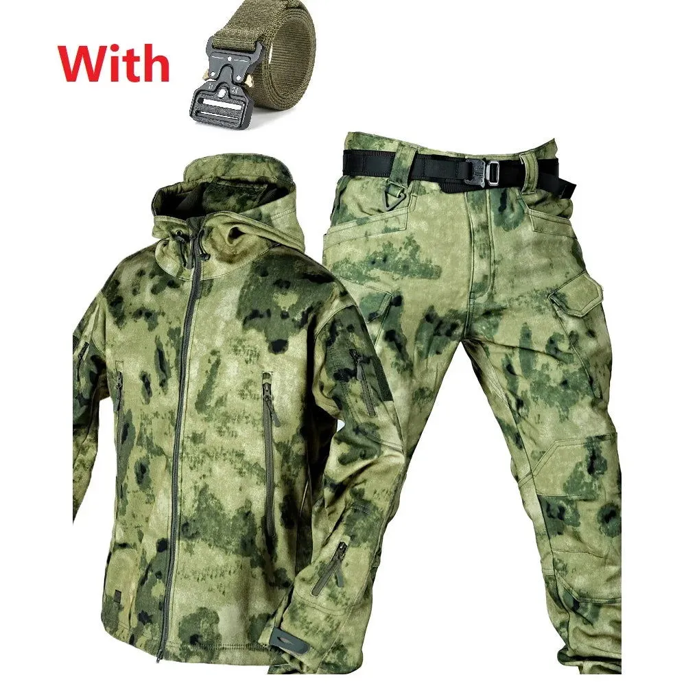 Outdoor Shark Skin Warmth Set Camo Plush Thickened Coat Autumn/Winter Racing Two Piece Set