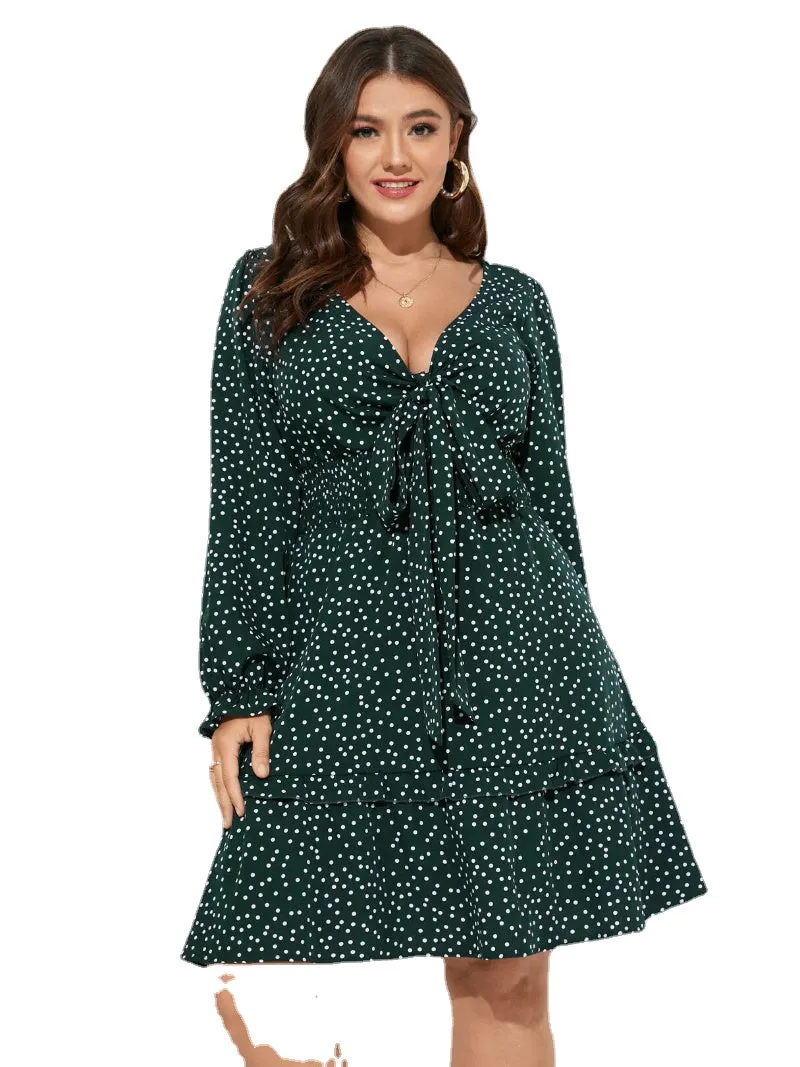 Plus Size Polka Dot Tie-up Design Lettuce-Edge Dress