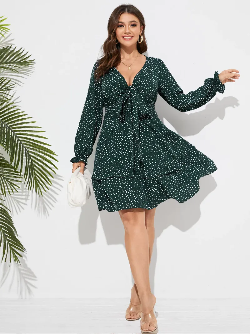 Plus Size Polka Dot Tie-up Design Lettuce-Edge Dress