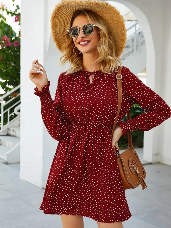 Polka Dot Shirred Cuff Tie Front Dress