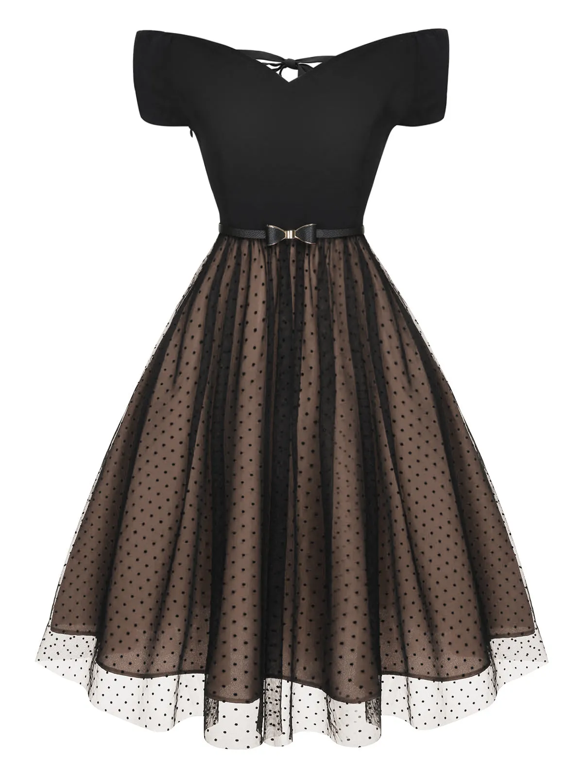 [Pre-Sale] Brown 1950s Polka Dots Drop Shoulder Belt Dress