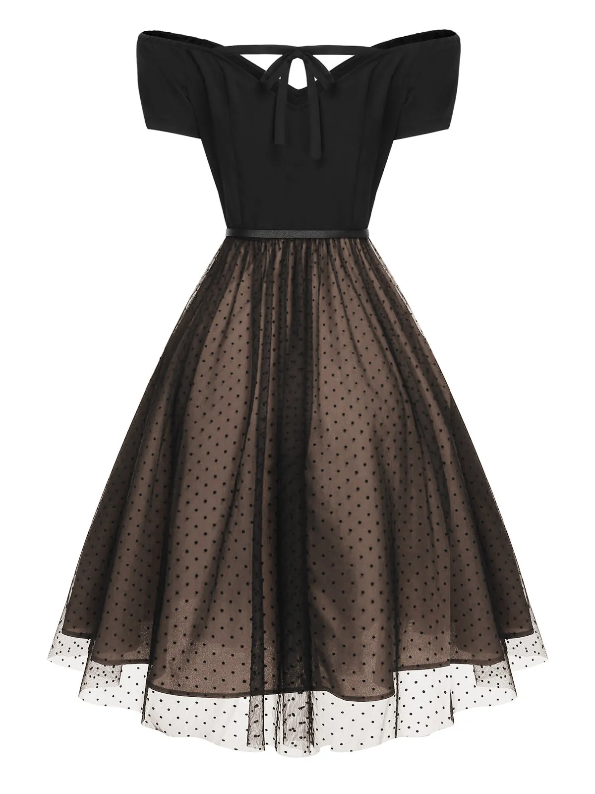 [Pre-Sale] Brown 1950s Polka Dots Drop Shoulder Belt Dress