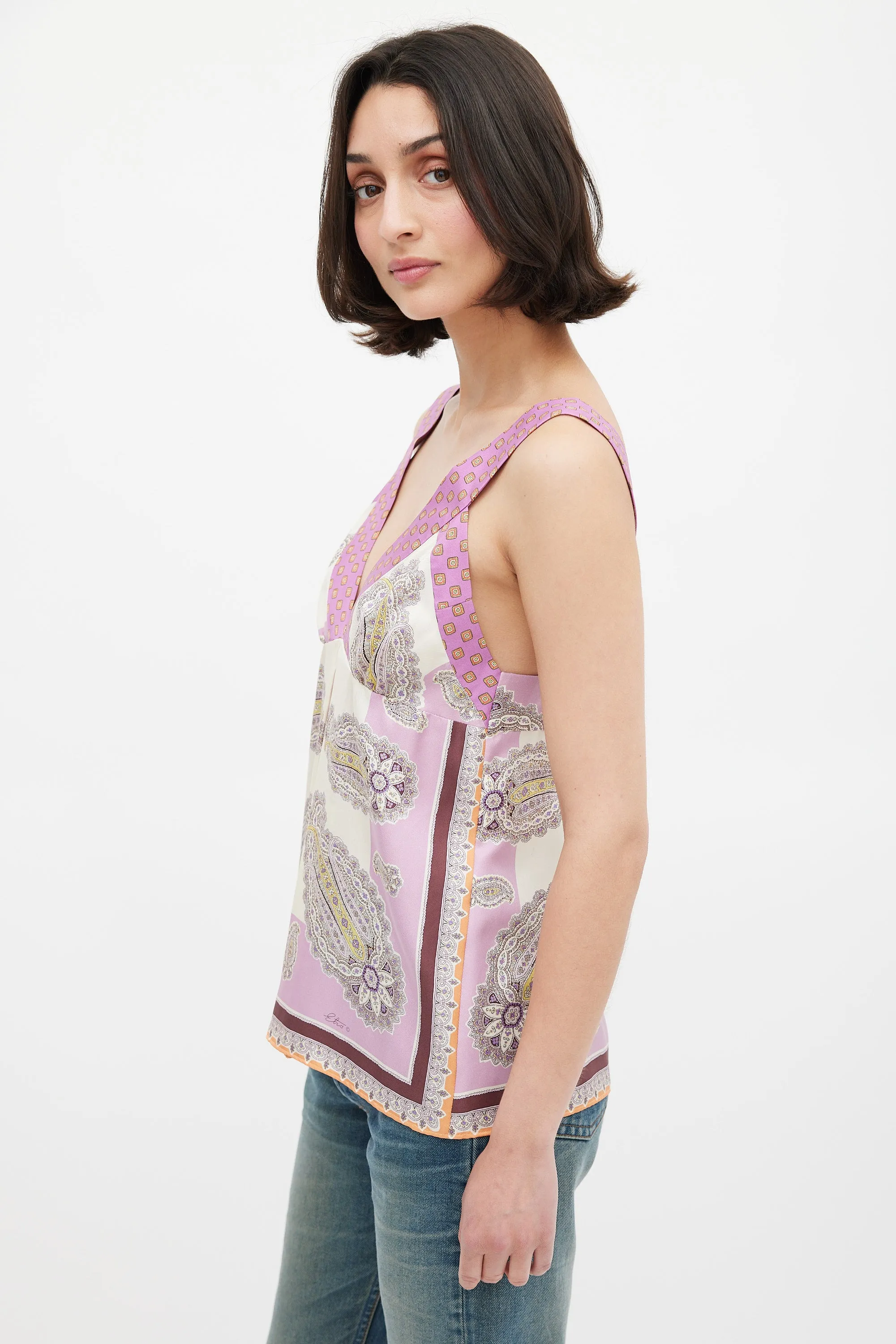 Purple & Multicolour Silk Paisley V-Neck Top