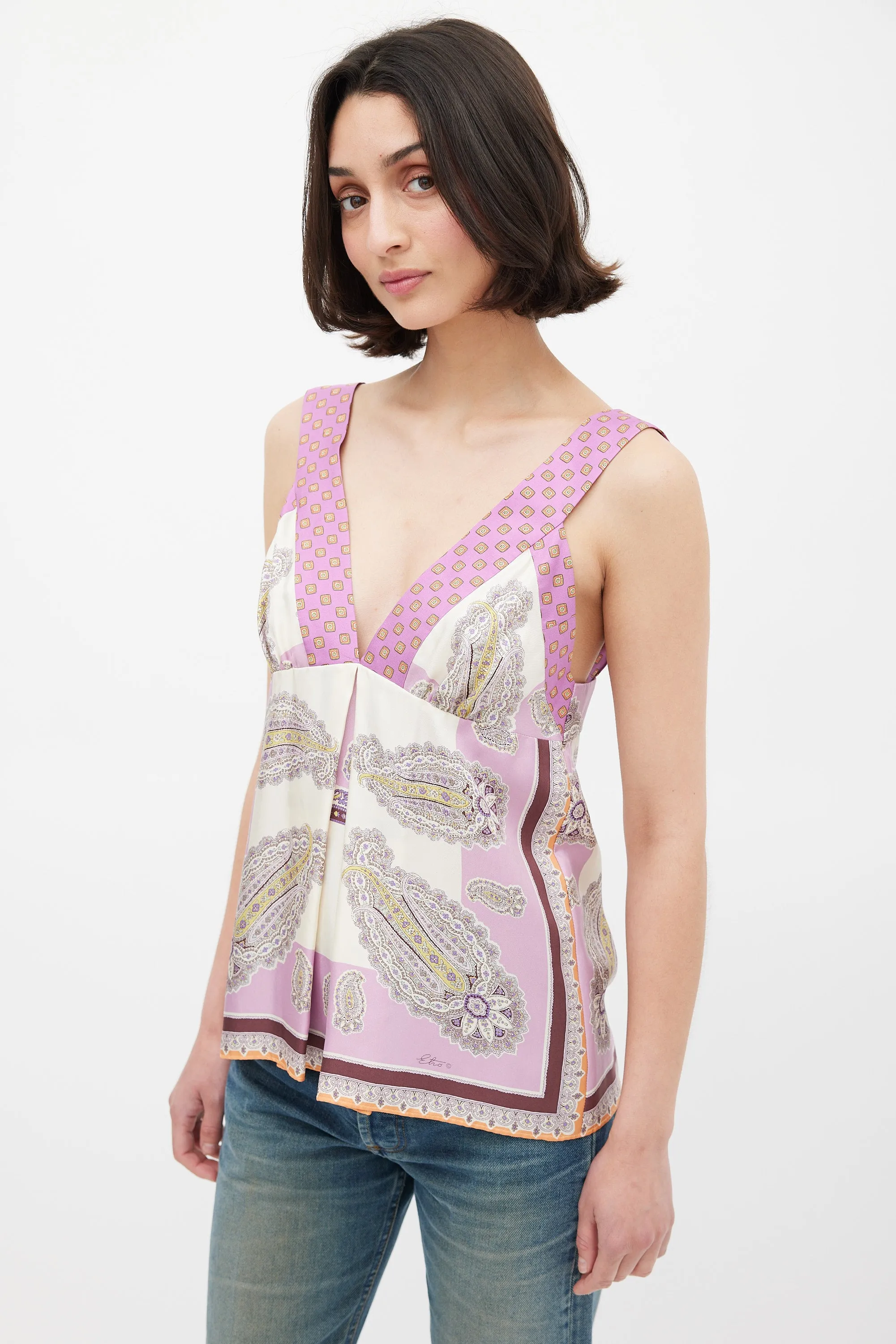 Purple & Multicolour Silk Paisley V-Neck Top