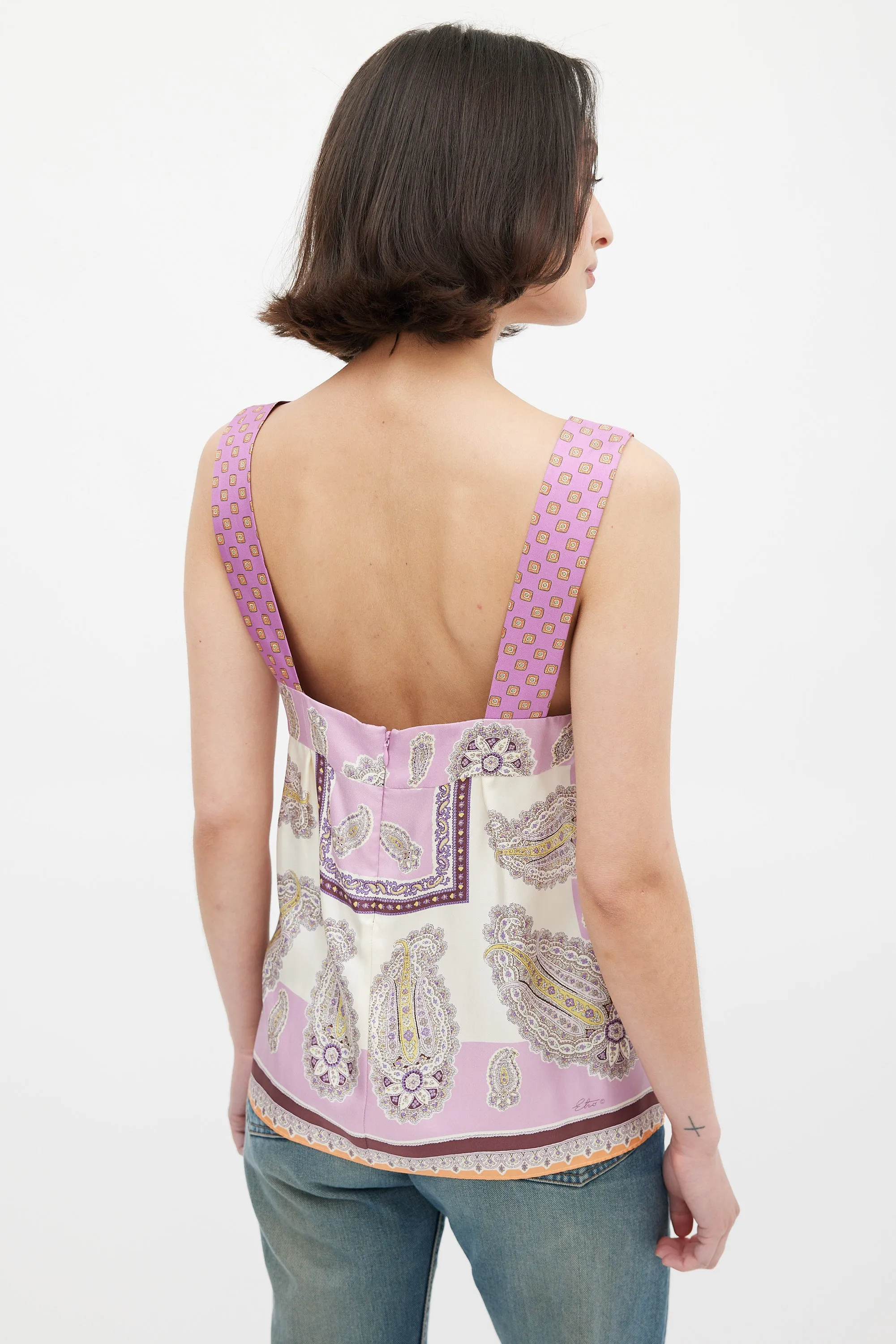 Purple & Multicolour Silk Paisley V-Neck Top