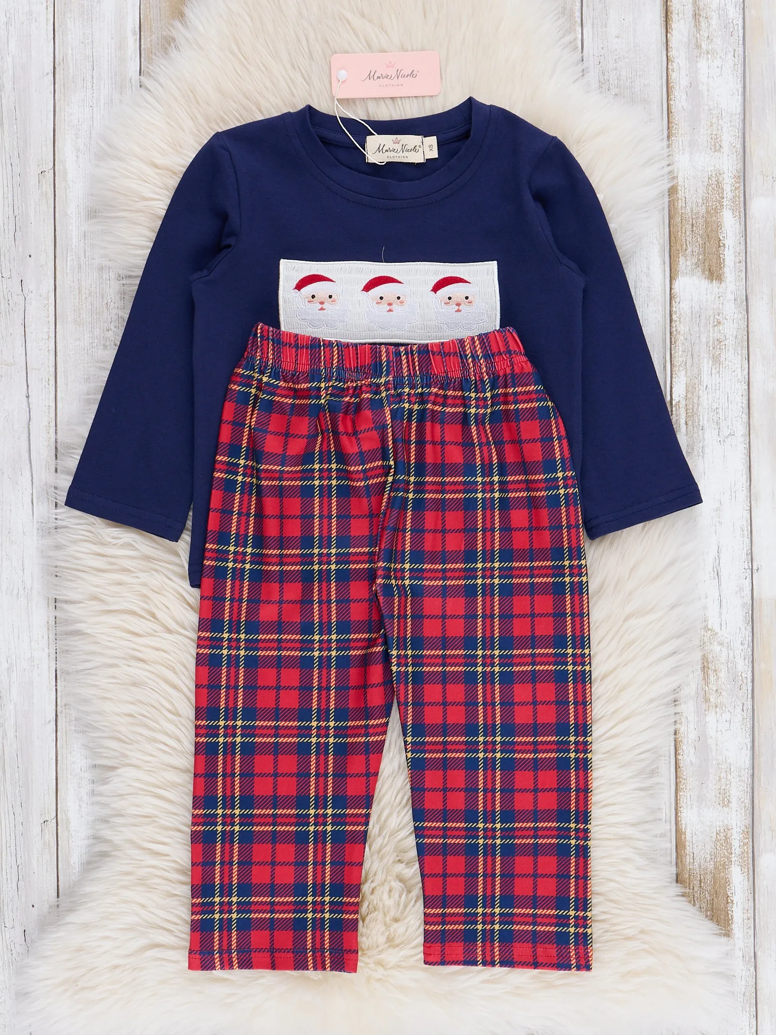 Red & Navy Holiday Plaid Smocked Santa Outfit