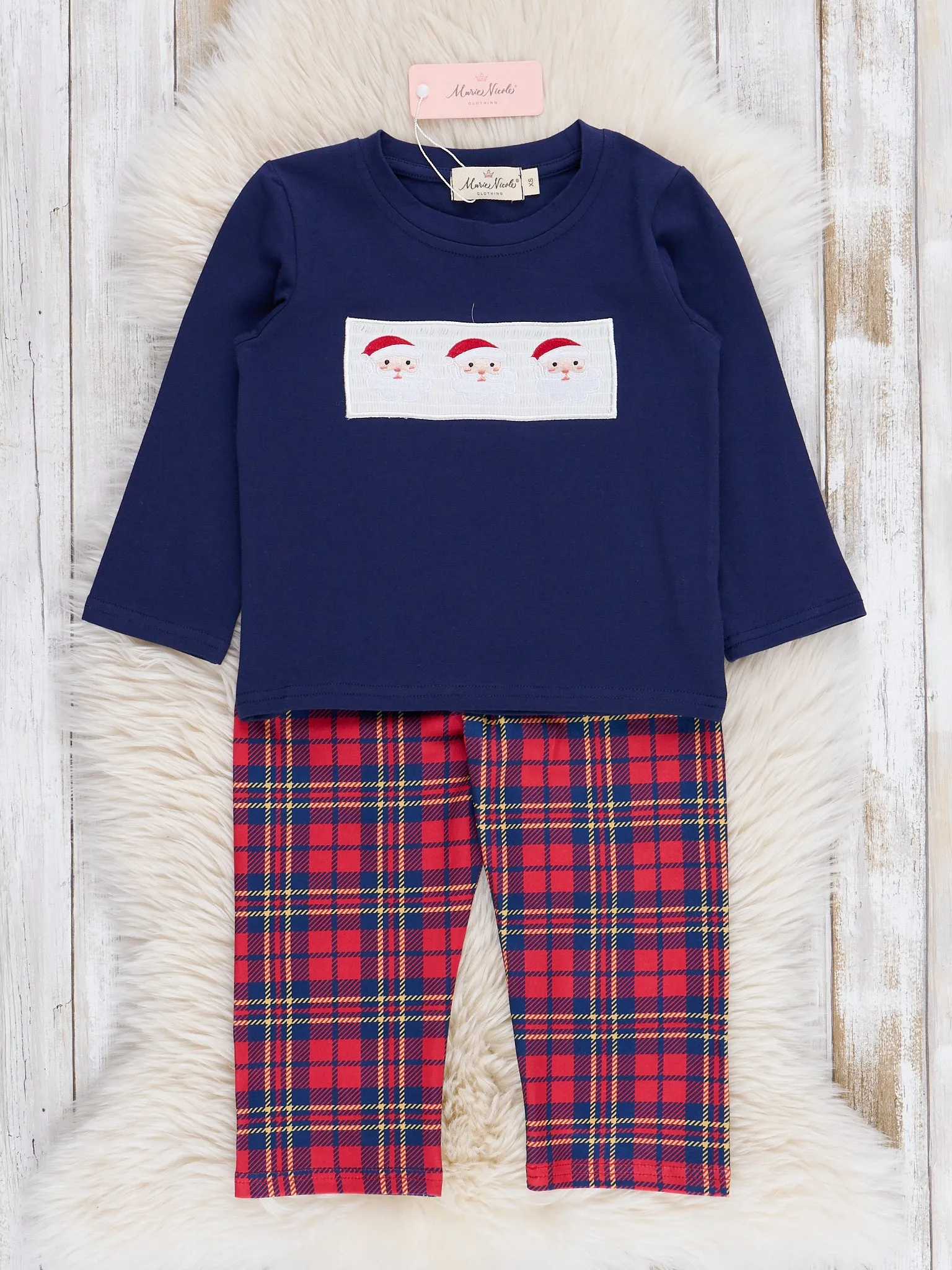 Red & Navy Holiday Plaid Smocked Santa Outfit