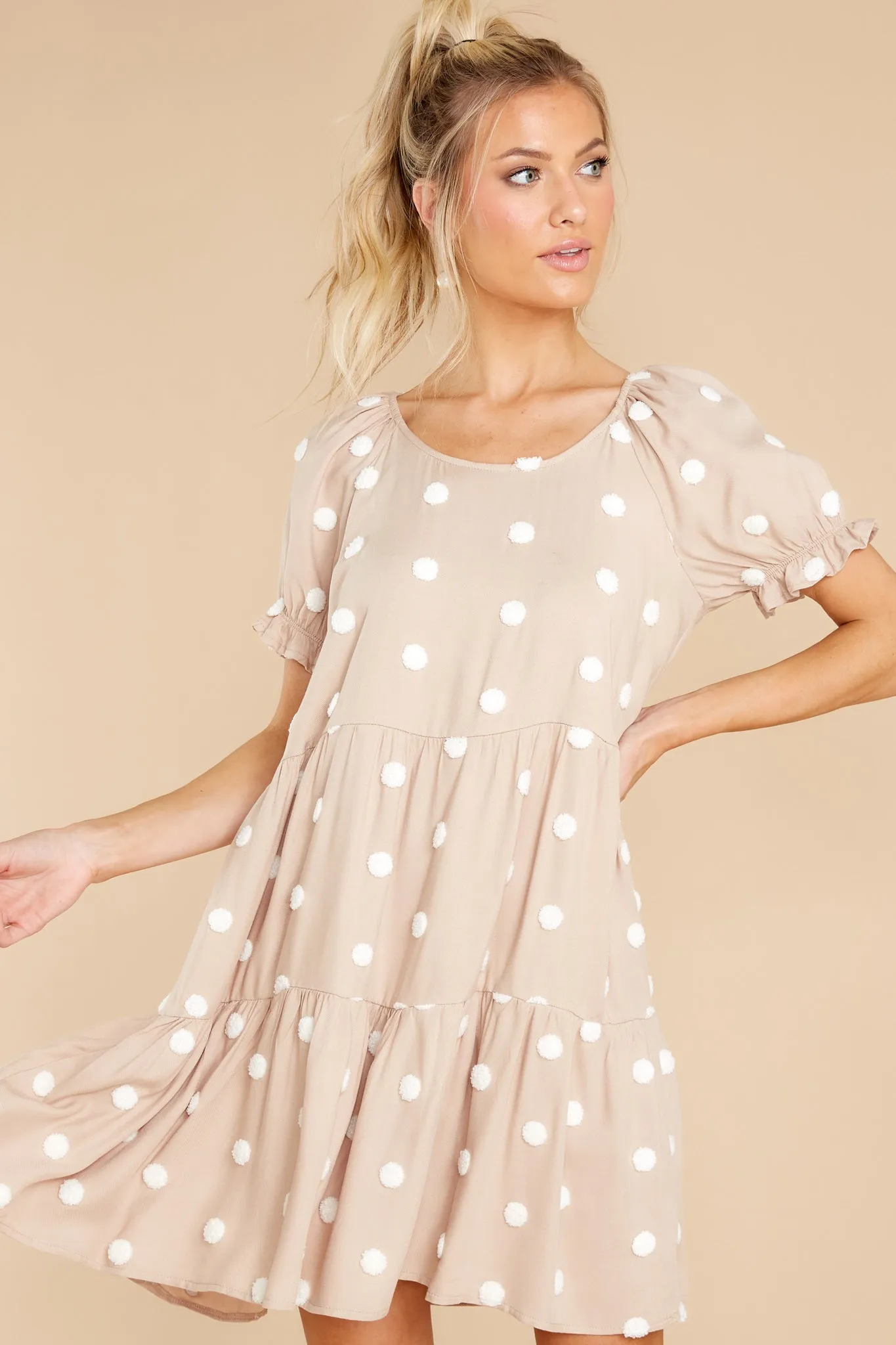 She Loves To Twirl Taupe Polka Dot Dress