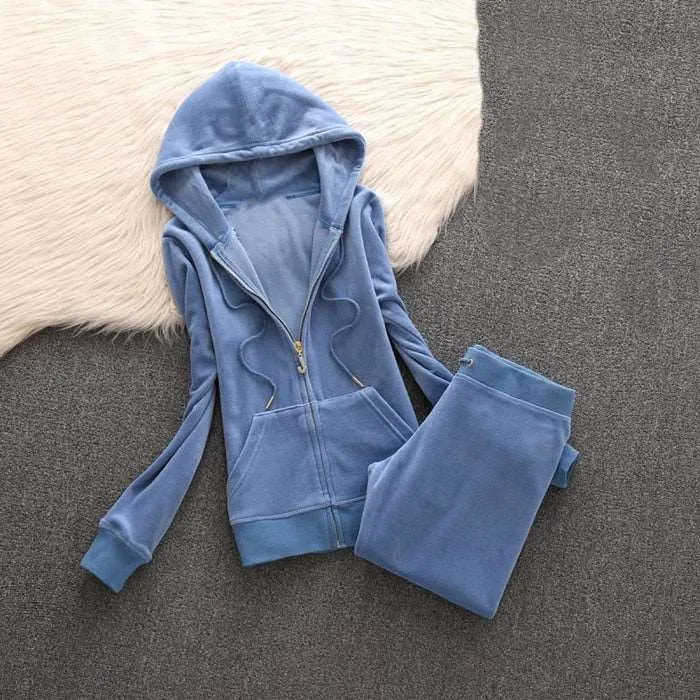 Spring / Fall Womens Brand Velvet Fabric Tracksuits Velour Suit Women Track Suit Hoodies And Pants sportswear