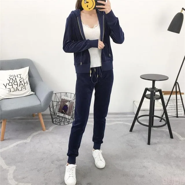 Spring / Fall Womens Brand Velvet Fabric Tracksuits Velour Suit Women Track Suit Hoodies And Pants sportswear