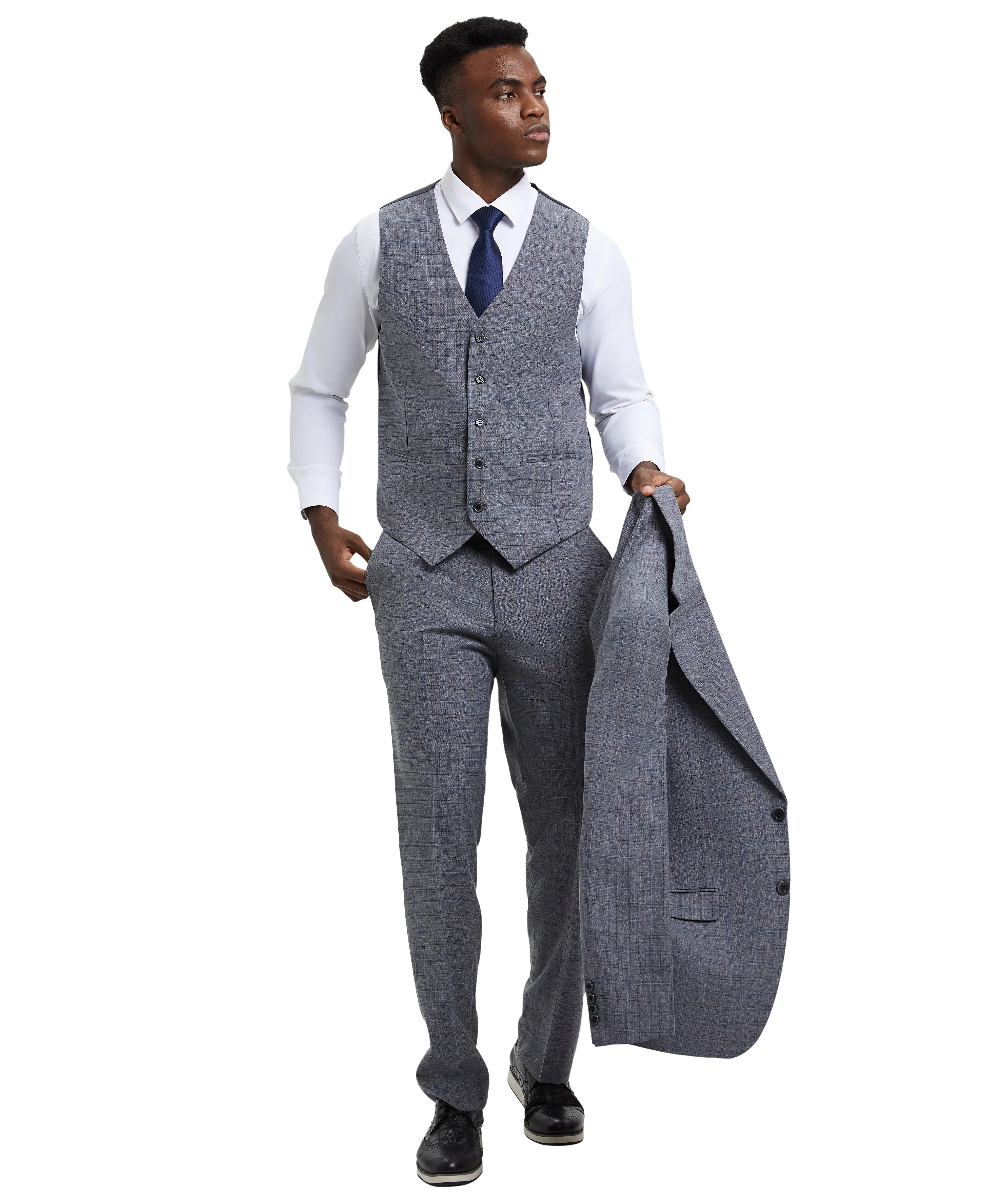 Stacy Adams Hybrid- Fit Vested Suit, Plaid Grey