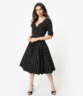 Unique Vintage 1950s Black & White Polka Dot Delores Swing Dress with Sleeves