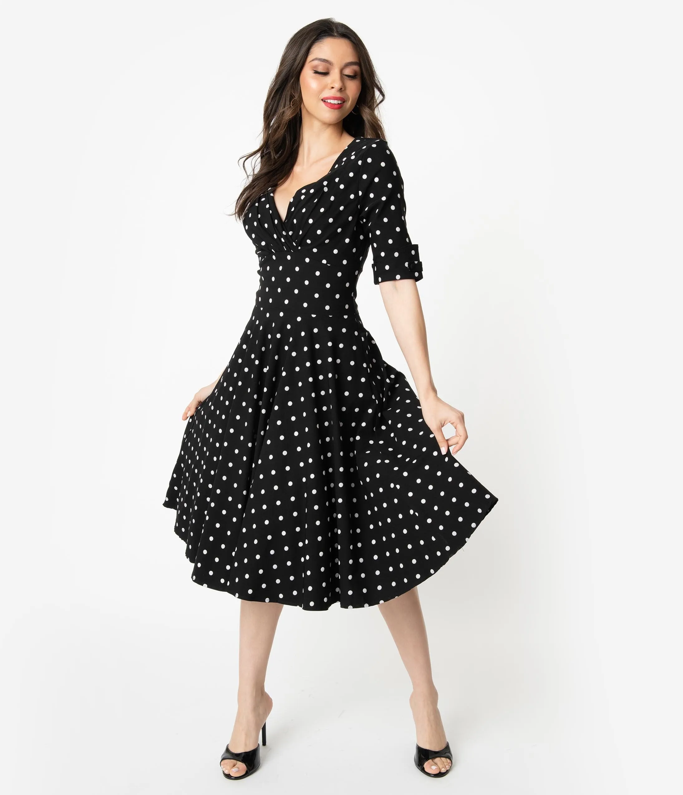 Unique Vintage 1950s Black & White Polka Dot Delores Swing Dress with Sleeves