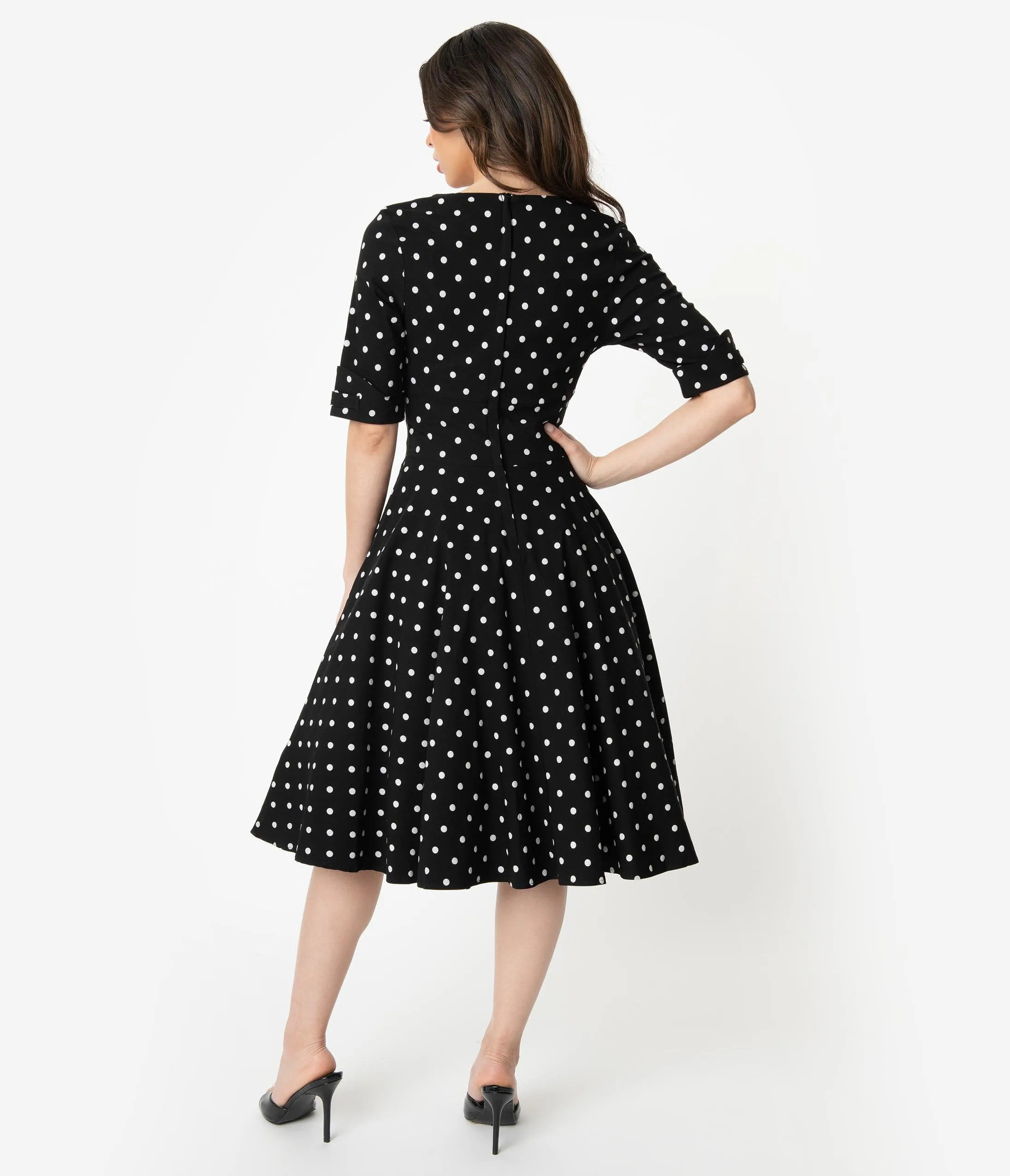 Unique Vintage 1950s Black & White Polka Dot Delores Swing Dress with Sleeves