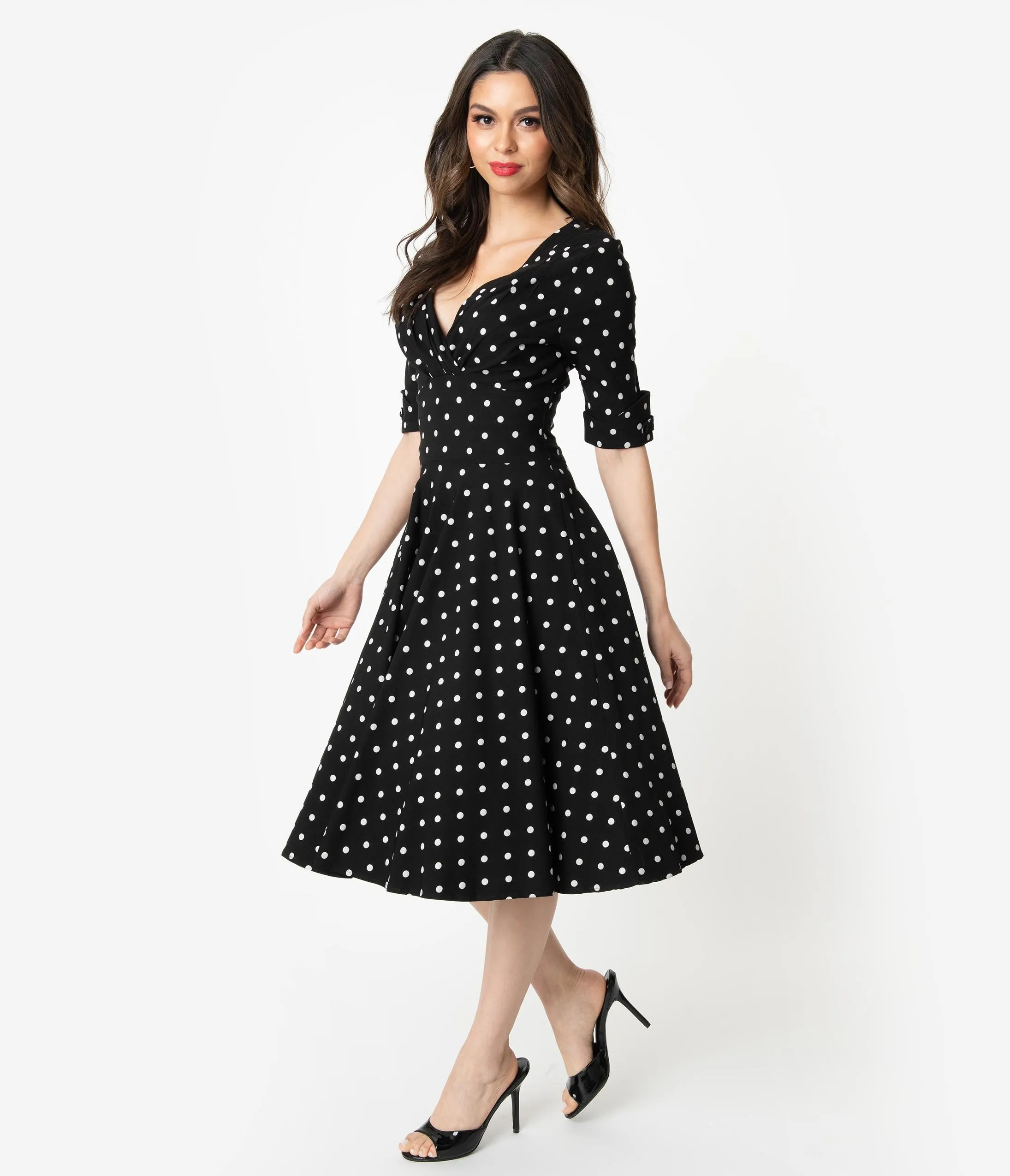 Unique Vintage 1950s Black & White Polka Dot Delores Swing Dress with Sleeves