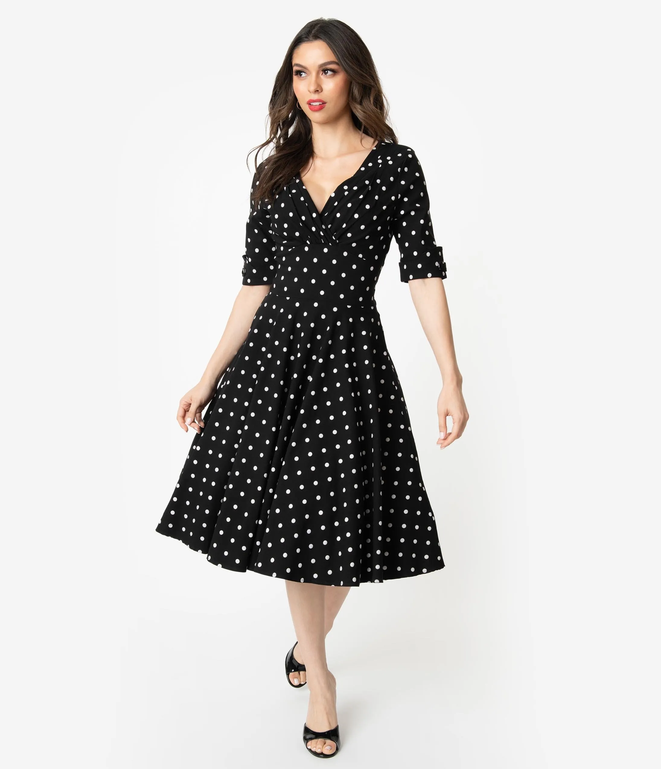 Unique Vintage 1950s Black & White Polka Dot Delores Swing Dress with Sleeves