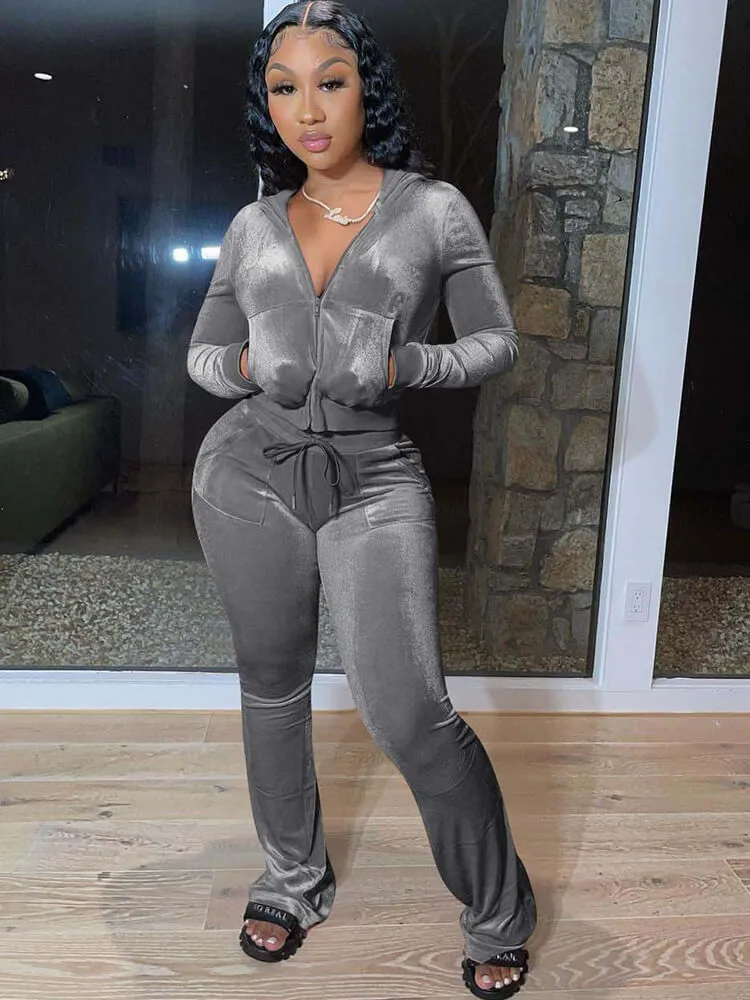 Velour Two Pieces Full Zipper Hooded TrackSuits With Pockets