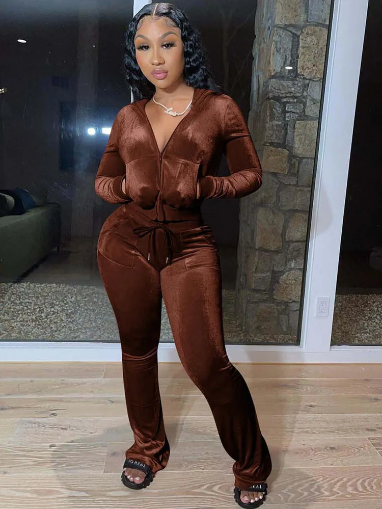 Velour Two Pieces Full Zipper Hooded TrackSuits With Pockets