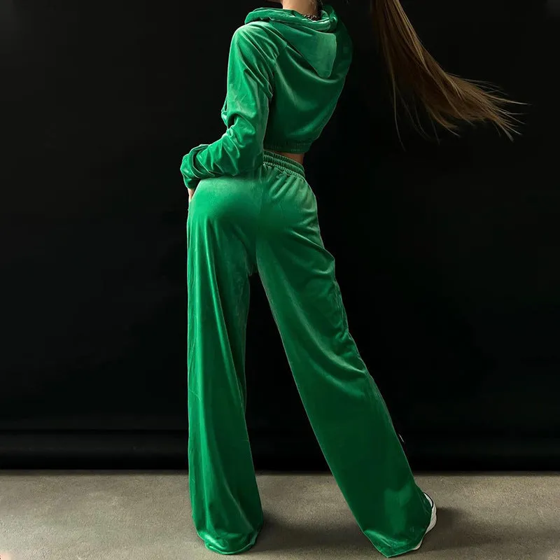 Velvet Hoodie & Wide-Leg Trousers Set for Street Style