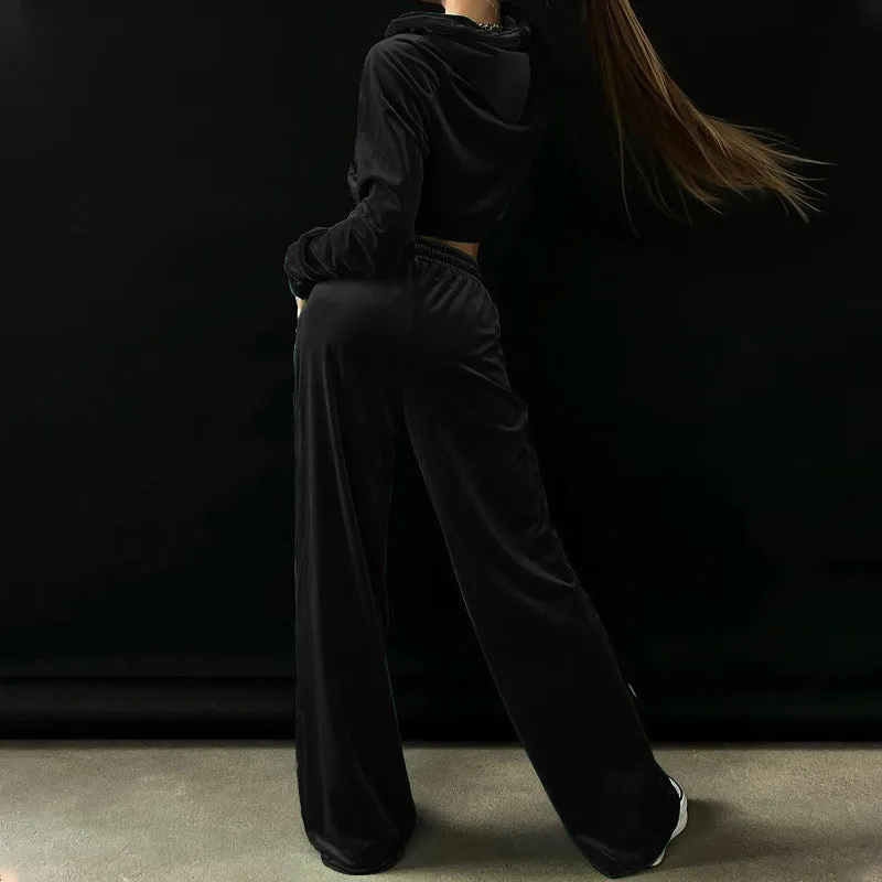 Velvet Hoodie & Wide-Leg Trousers Set for Street Style