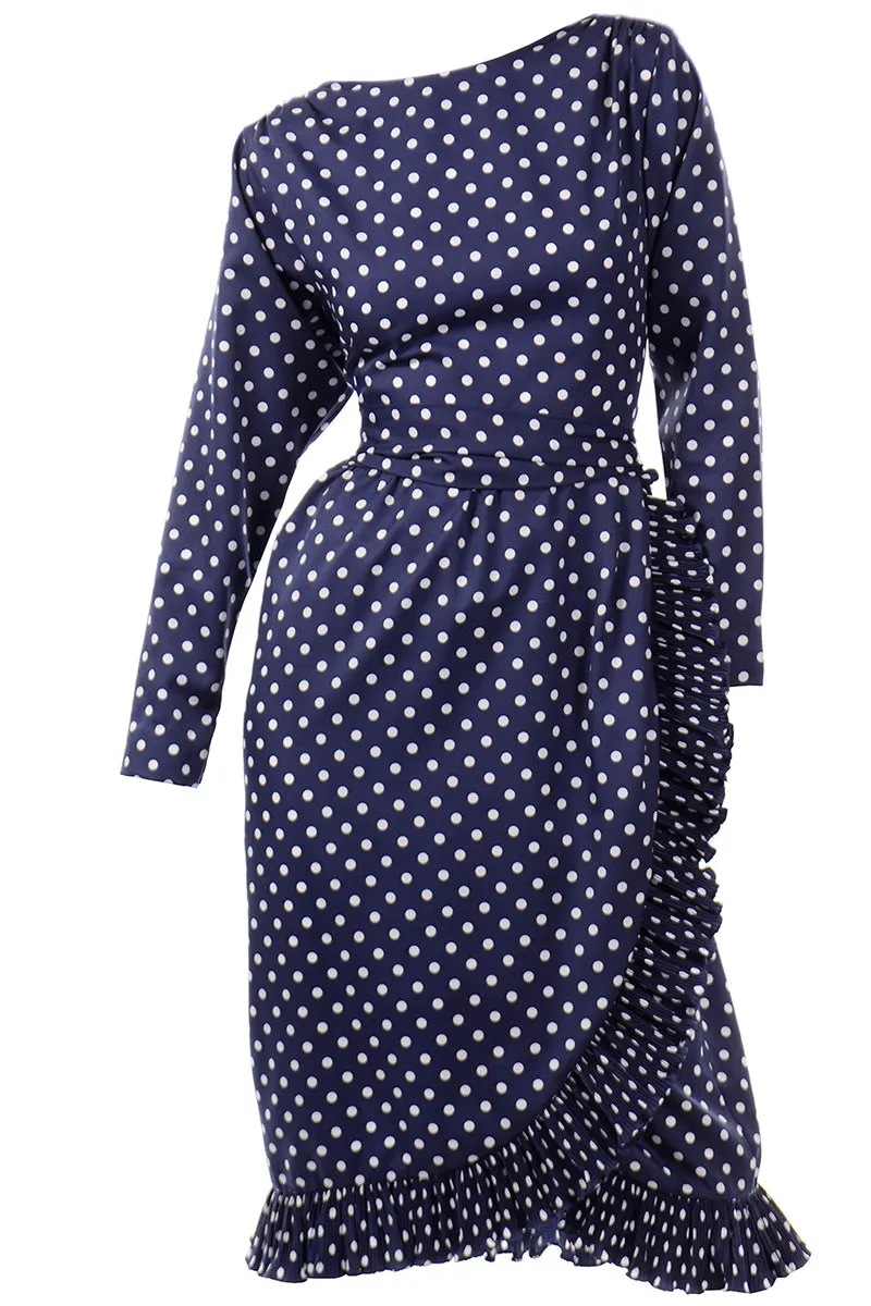 Victor Costa Vintage Navy Blue & White Polka Dot Ruffle Dress