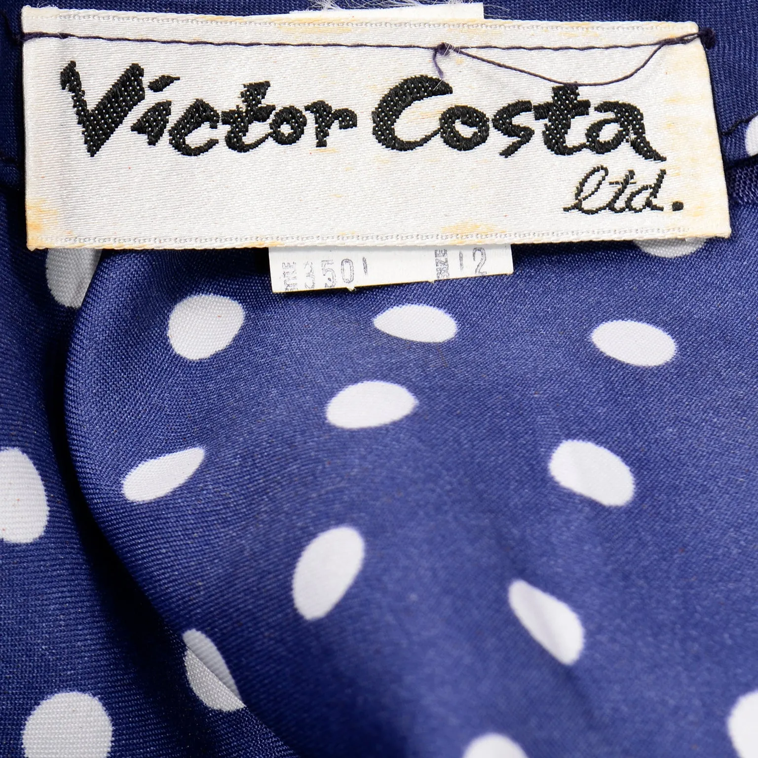 Victor Costa Vintage Navy Blue & White Polka Dot Ruffle Dress