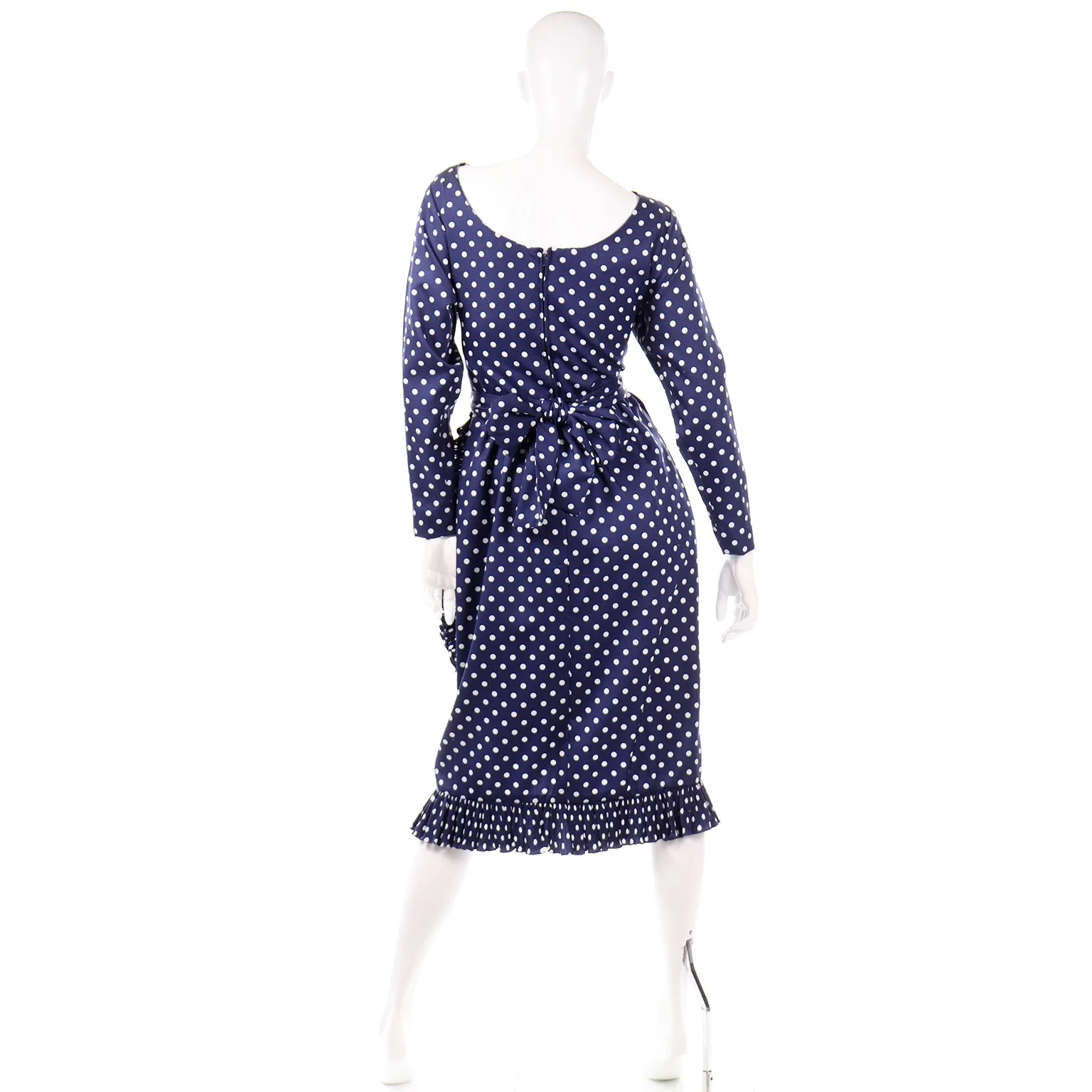 Victor Costa Vintage Navy Blue & White Polka Dot Ruffle Dress