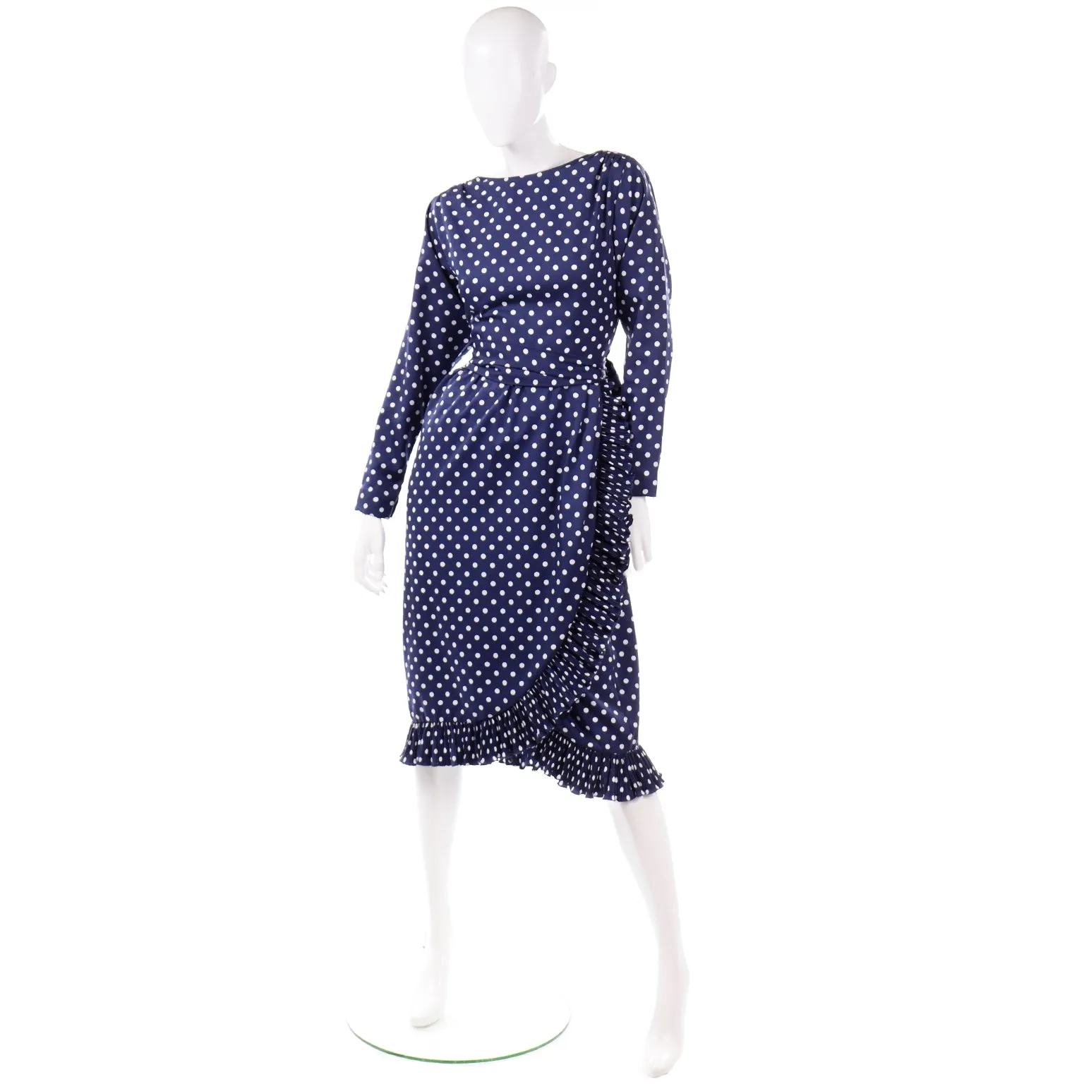 Victor Costa Vintage Navy Blue & White Polka Dot Ruffle Dress