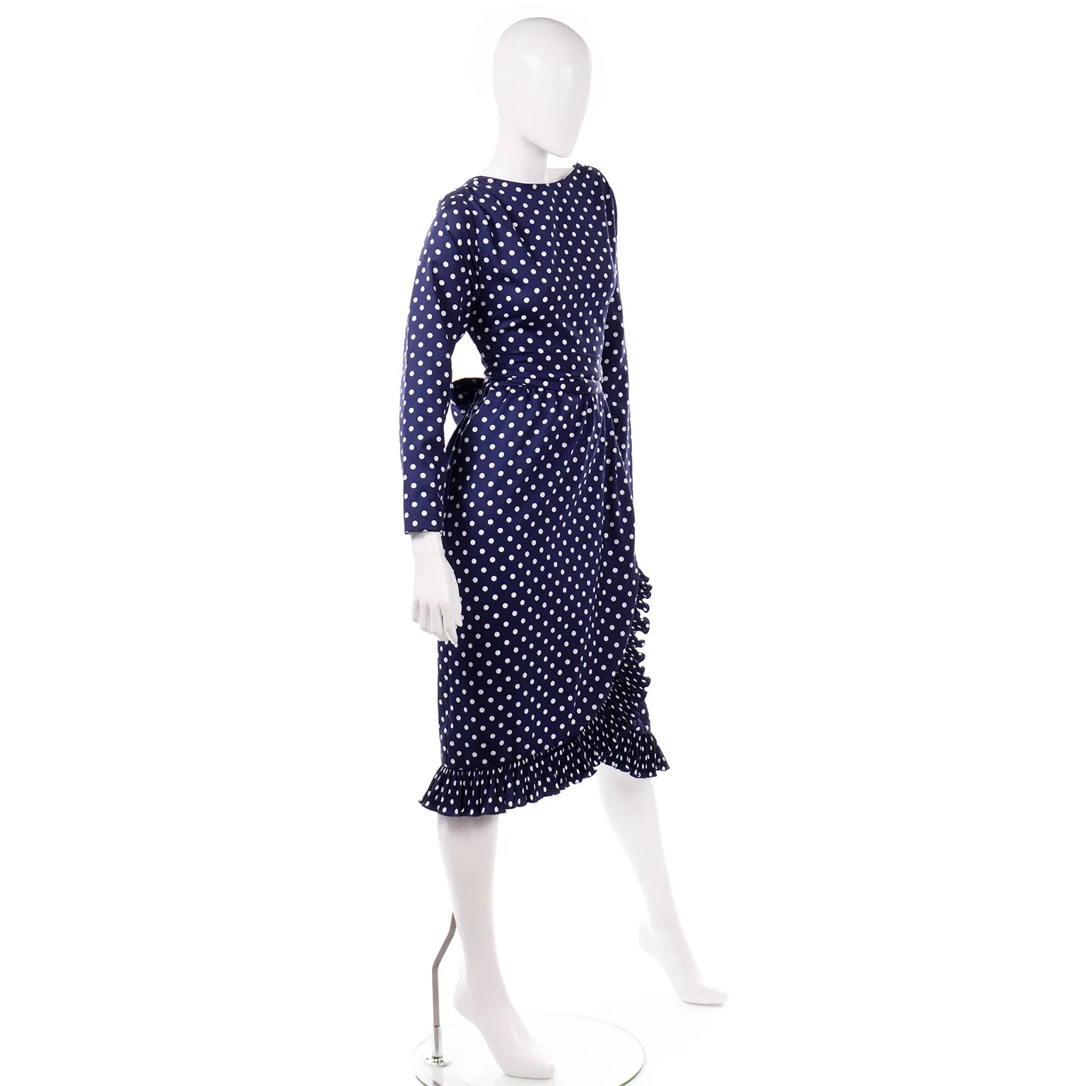 Victor Costa Vintage Navy Blue & White Polka Dot Ruffle Dress