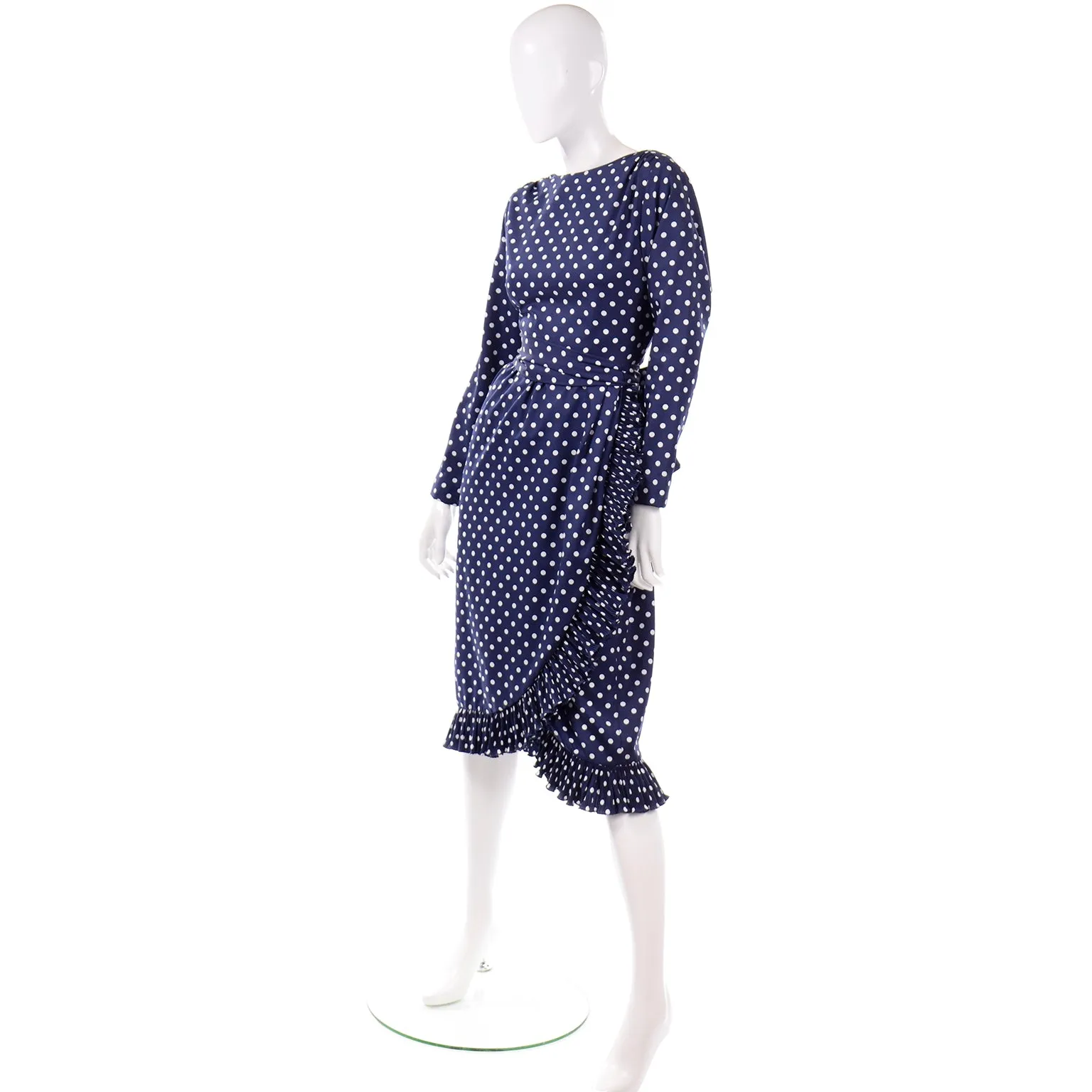 Victor Costa Vintage Navy Blue & White Polka Dot Ruffle Dress