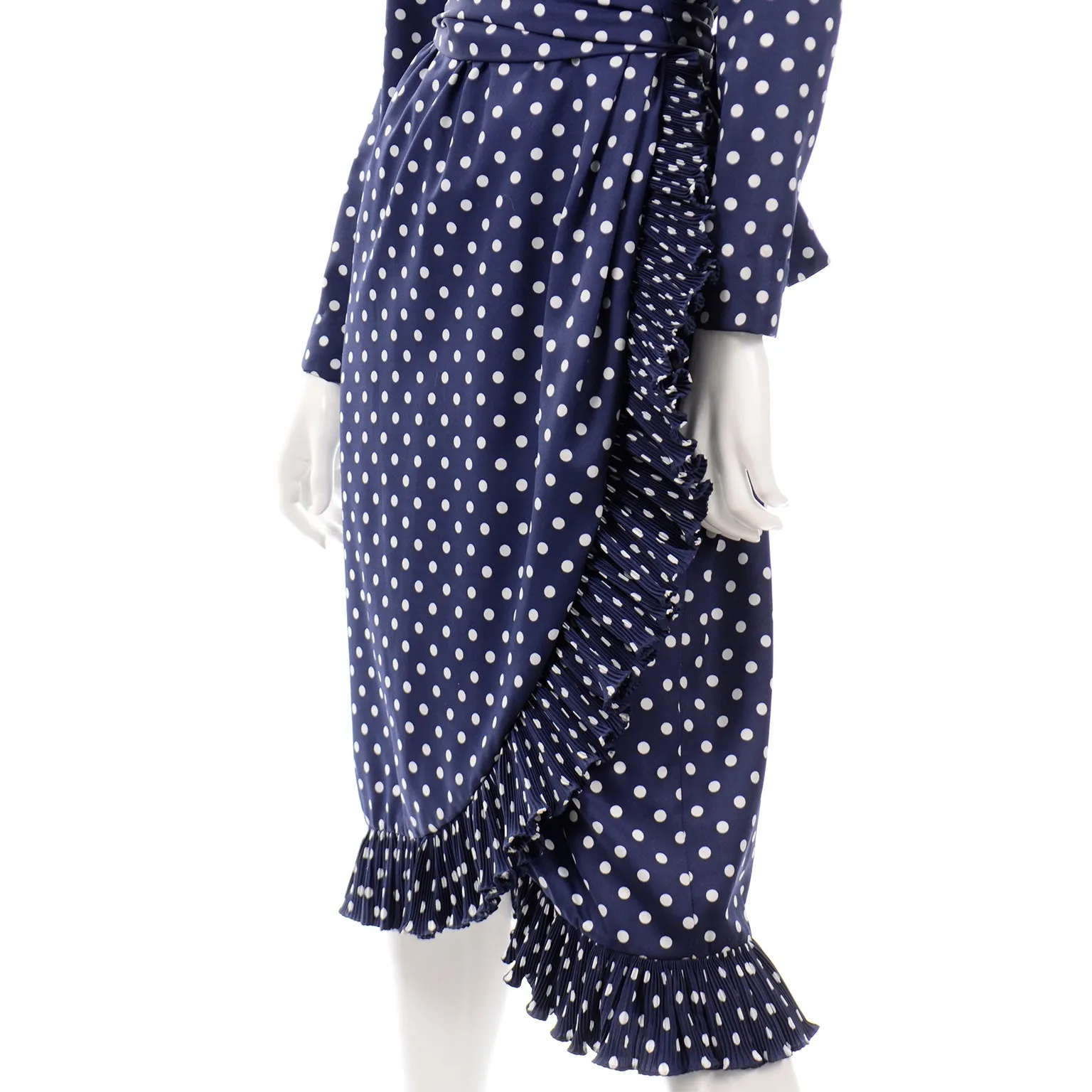 Victor Costa Vintage Navy Blue & White Polka Dot Ruffle Dress