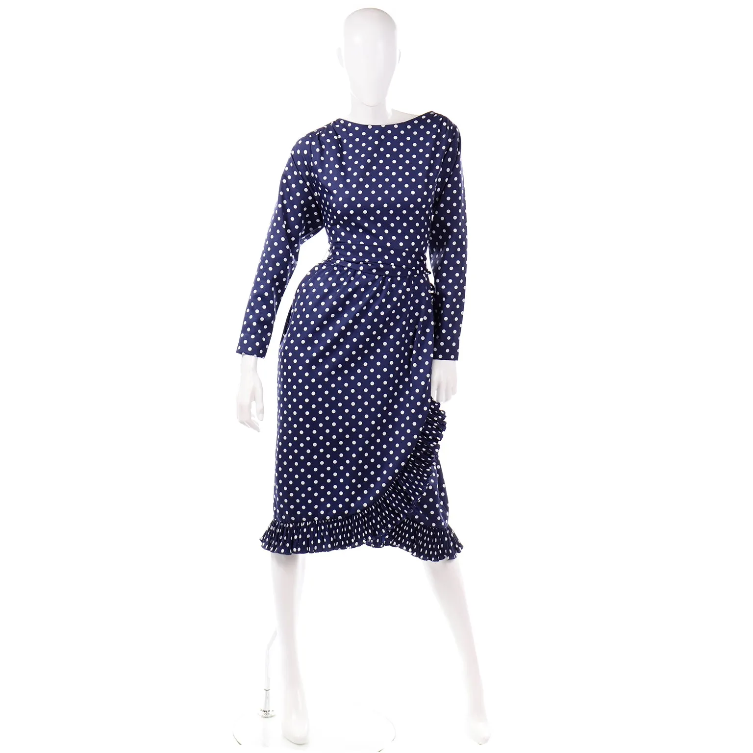 Victor Costa Vintage Navy Blue & White Polka Dot Ruffle Dress