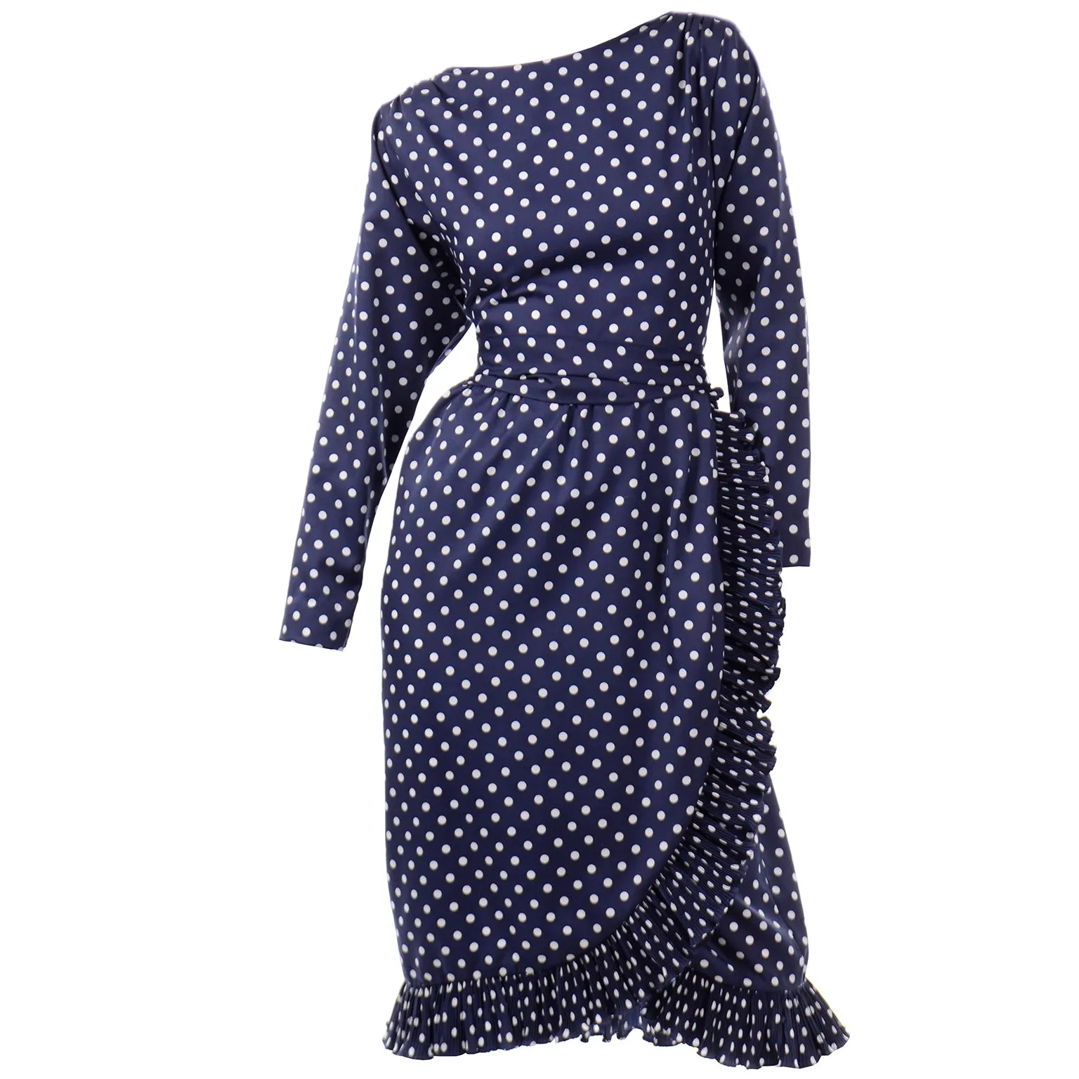 Victor Costa Vintage Navy Blue & White Polka Dot Ruffle Dress