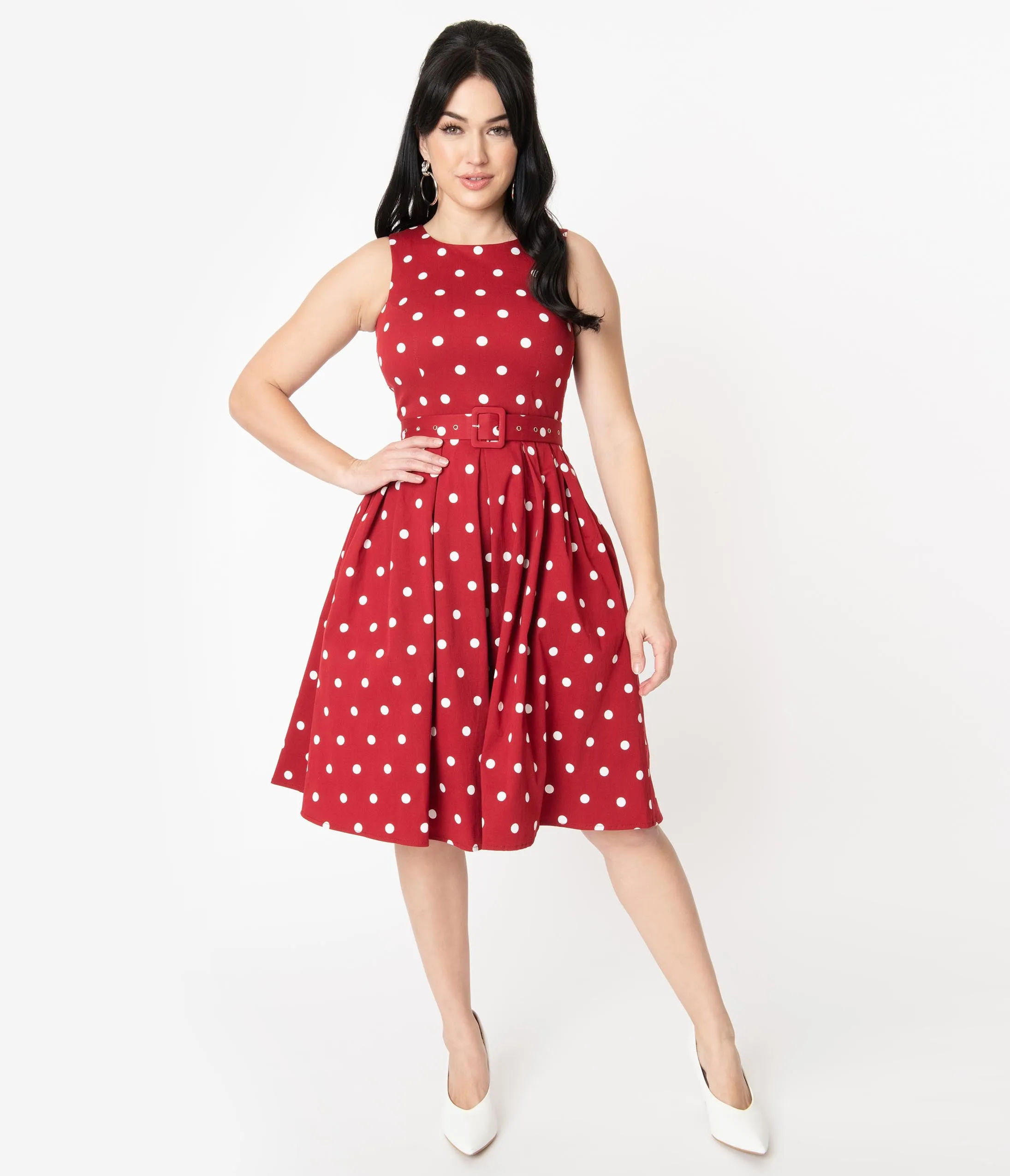 Vintage Style Dark Red & White Polka Dot Annie Swing Dress