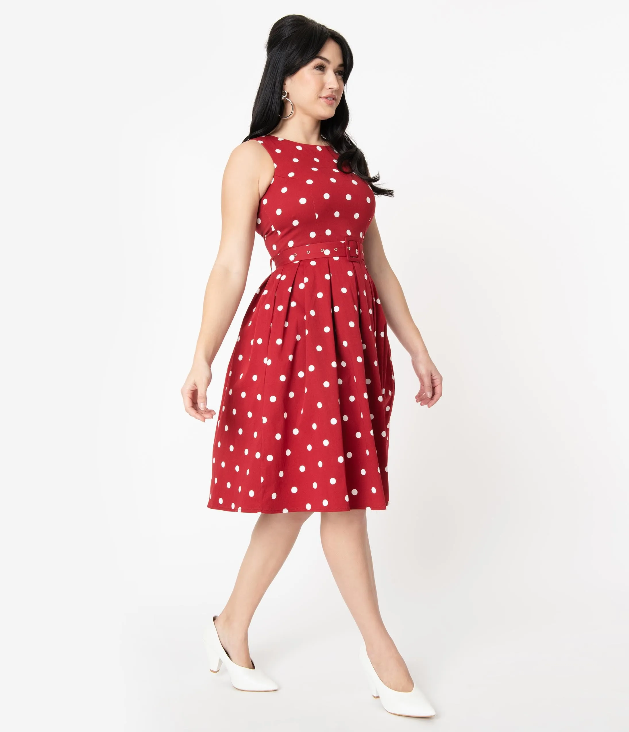 Vintage Style Dark Red & White Polka Dot Annie Swing Dress