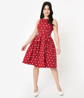 Vintage Style Dark Red & White Polka Dot Annie Swing Dress