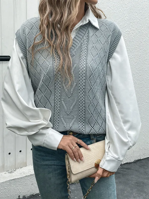 Women Academic Look Argyle Knit Vest Layering Piece